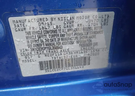 2016 Nissan Versa Note S (Sr)/S Plus/Sl/Sr/Sv z USA, uszkodzony, nr VIN 3N1CE2CP7GL356643